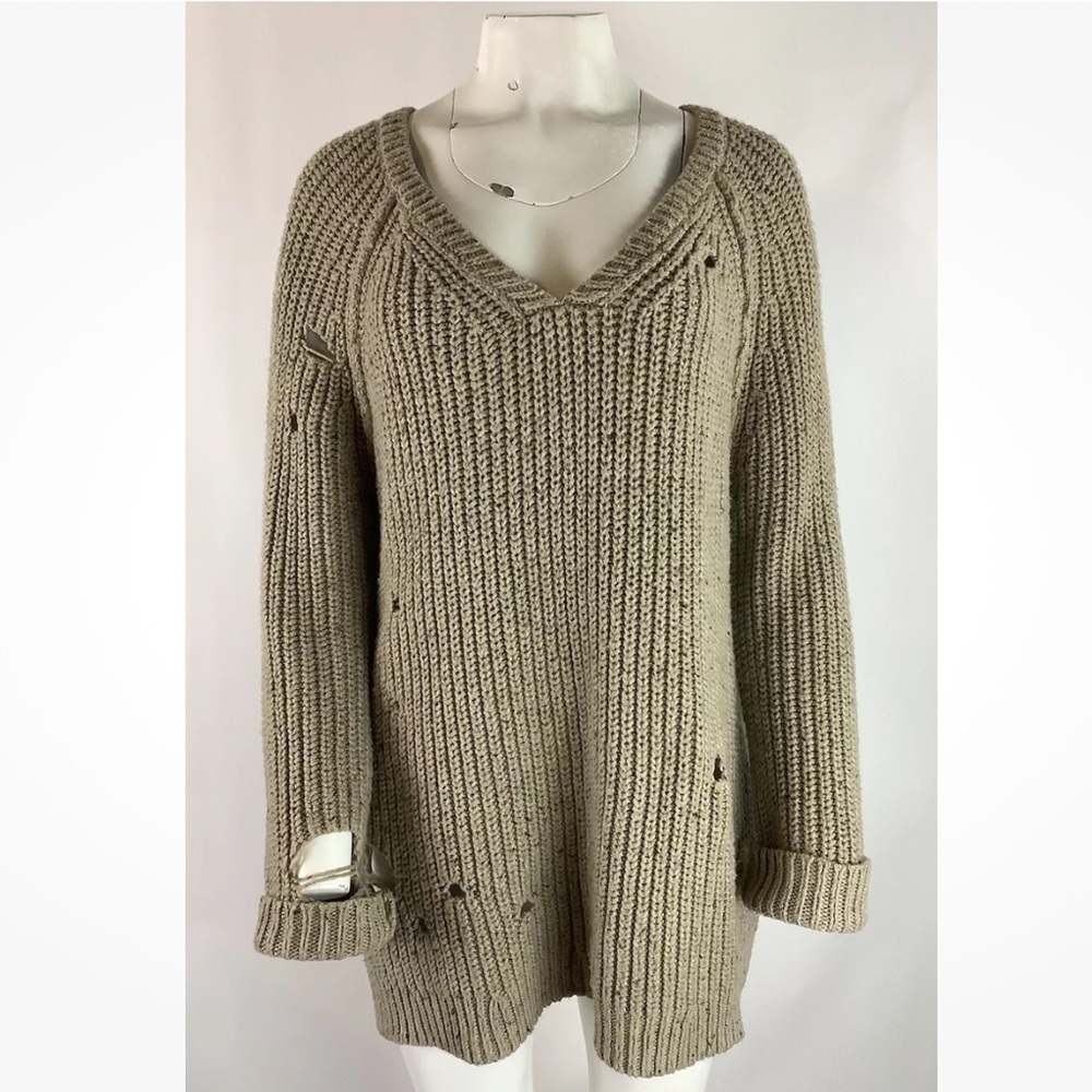 Wildfox Sz L Chunky Oversized Hole Distressed Sweater Brown Acrylic Wool